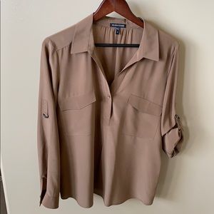 Eileen Fisher Taupe Silk Roll Tab Blouse - M